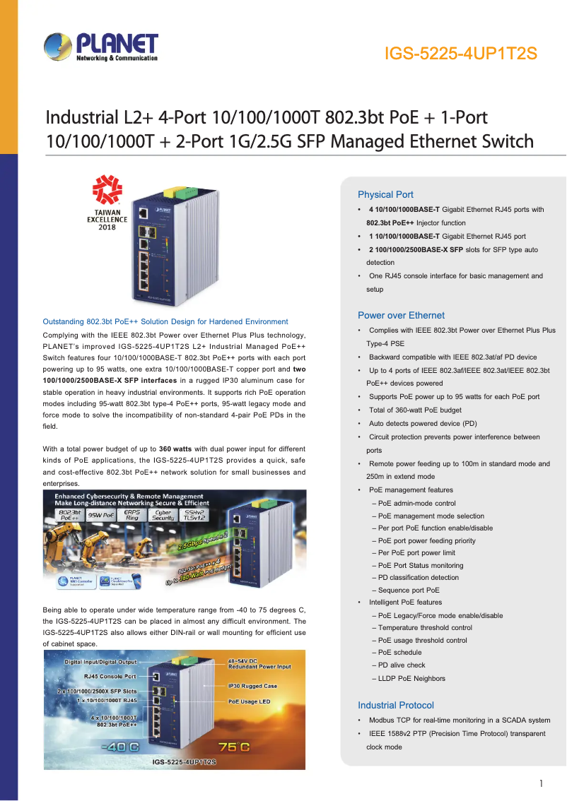 Page n°1 - Fiche technique Planet IGS-5225-4UP1T2S