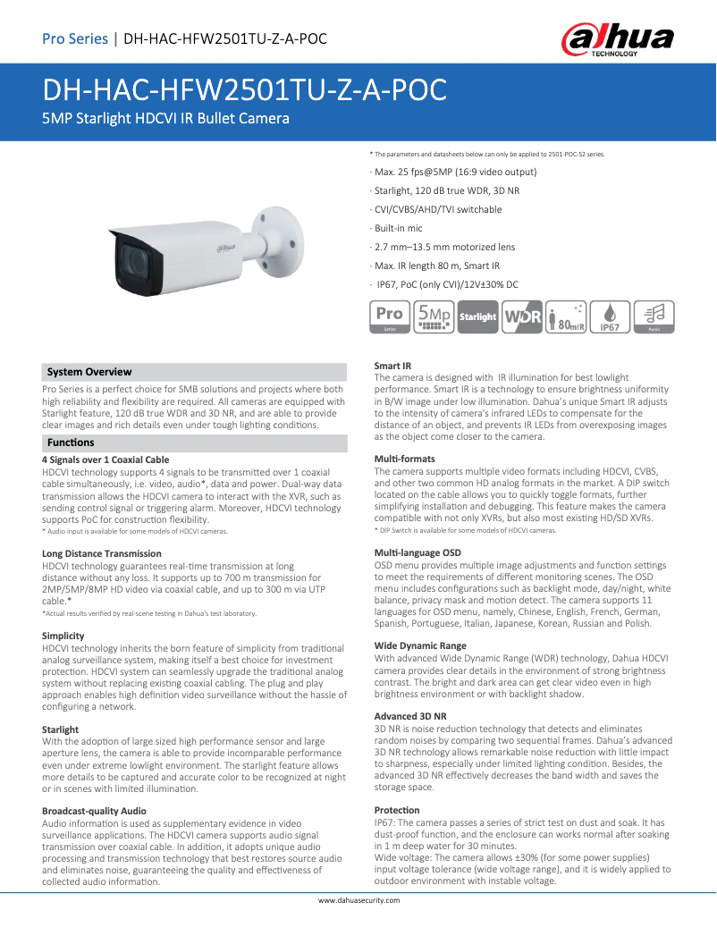 Page n°1 - Fiche technique Dahua Technology HAC-HFW2501TU-Z-A-POC