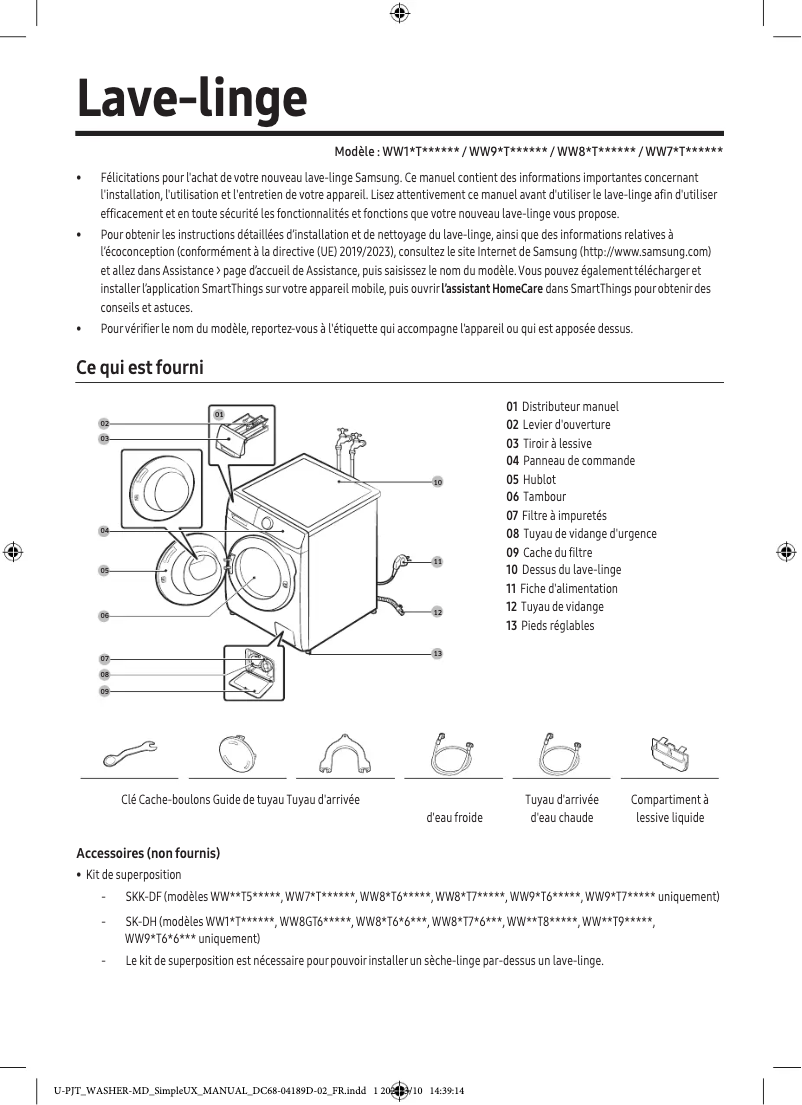 Page 1 de la notice Manuel utilisateur Samsung WW10T504DAW