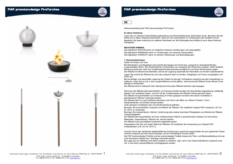 Page 1 de la notice Manuel utilisateur Fiap Premiumdesign FireTorches