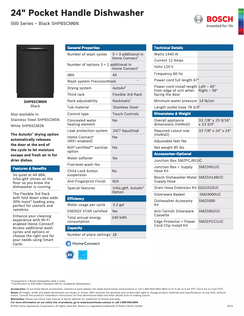 Page 1 of the manual Technical Sheet Bosch SHP65CM6N