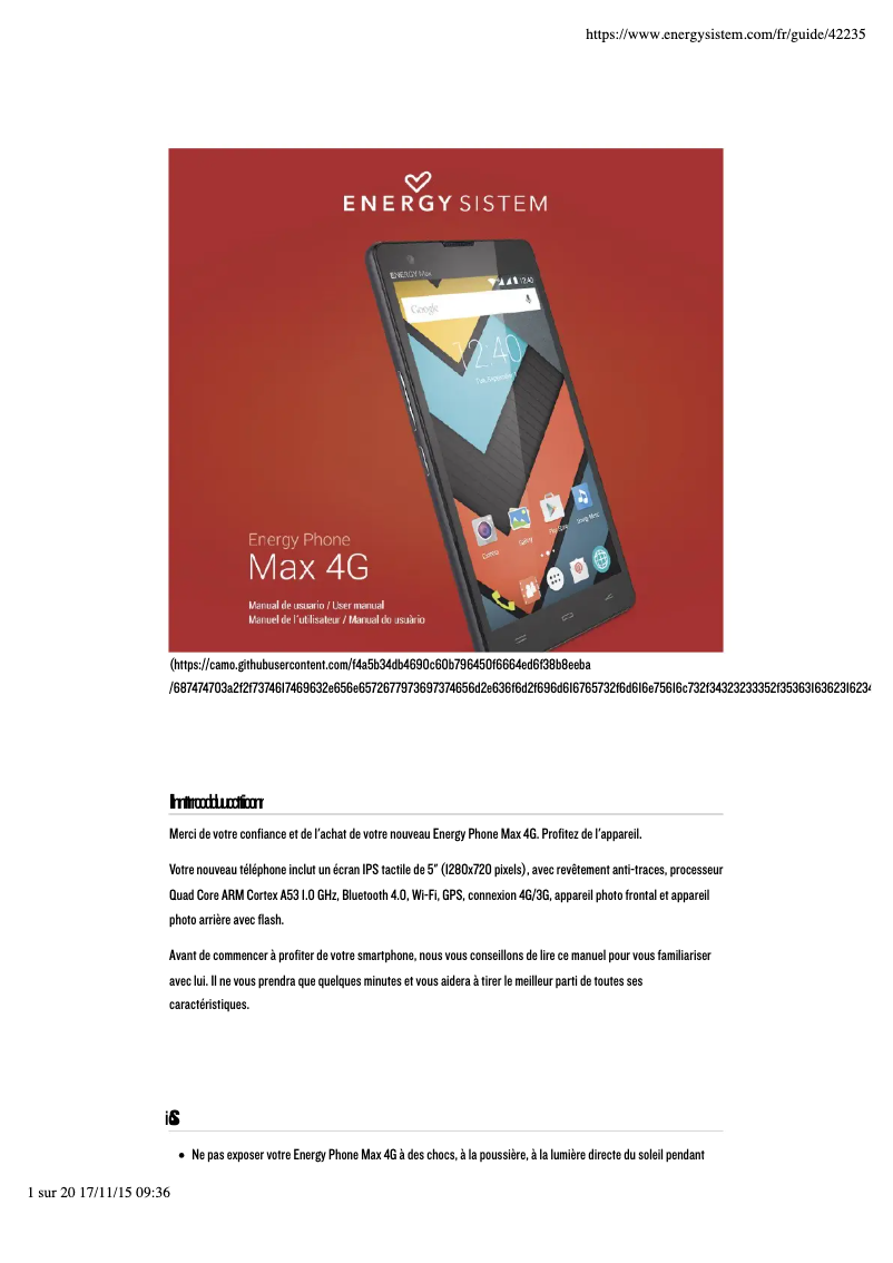 Image de la première page du manuel de l'appareil Energy Phone Max