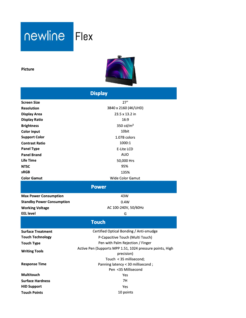 Page 1 de la notice Fiche technique Newline Flex