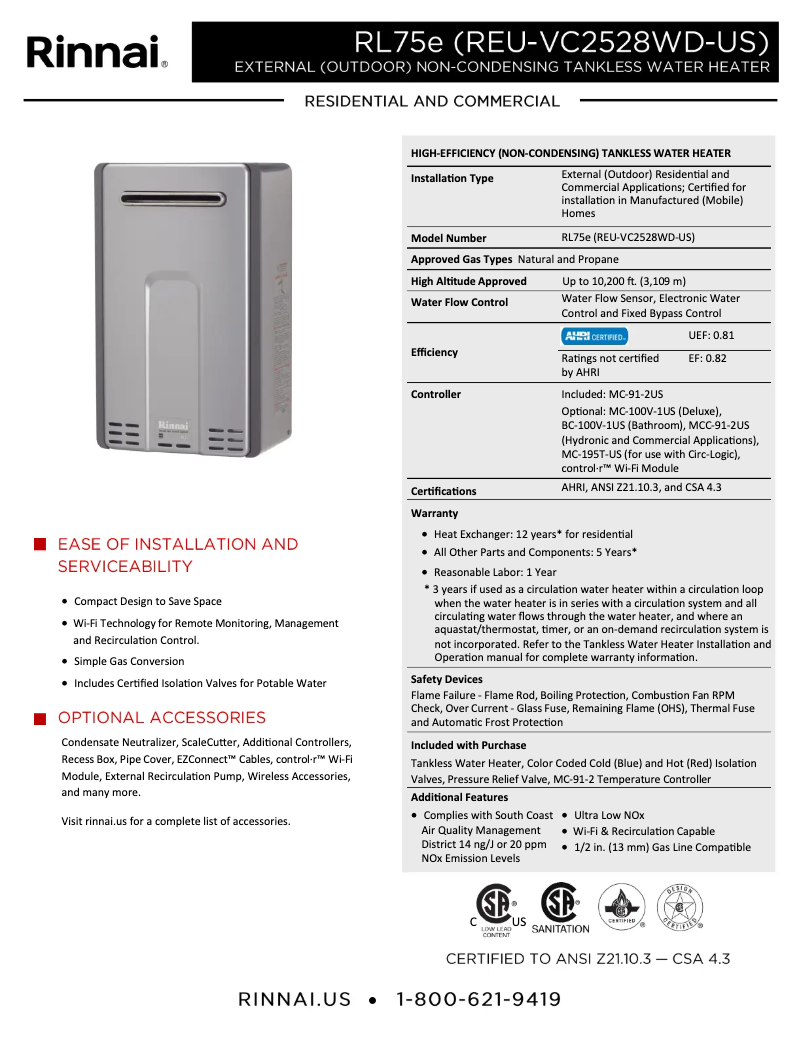 Page 1 de la notice Fiche technique Rinnai RL75eP