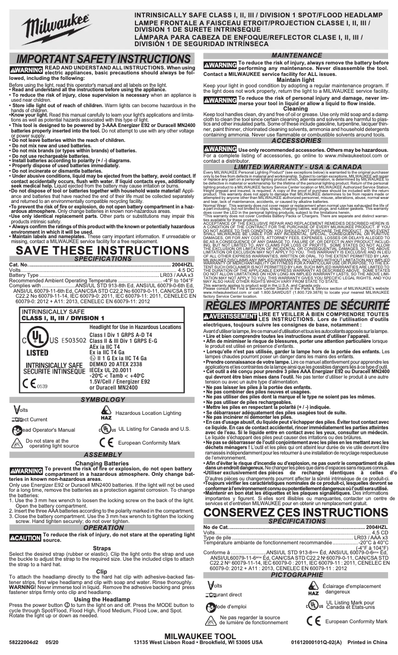 Page 1 de la notice Manuel utilisateur Milwaukee 2004HZL