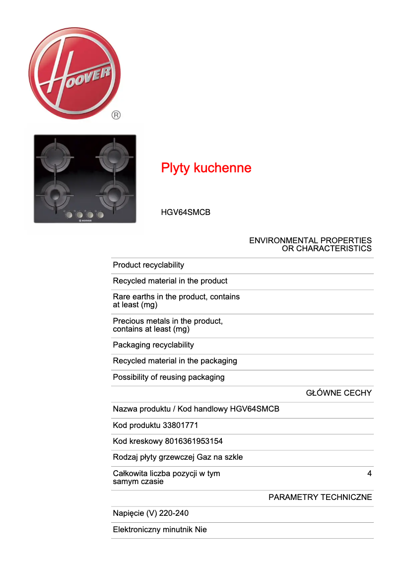 Page 1 de la notice Fiche technique Hoover HGV64SMCB