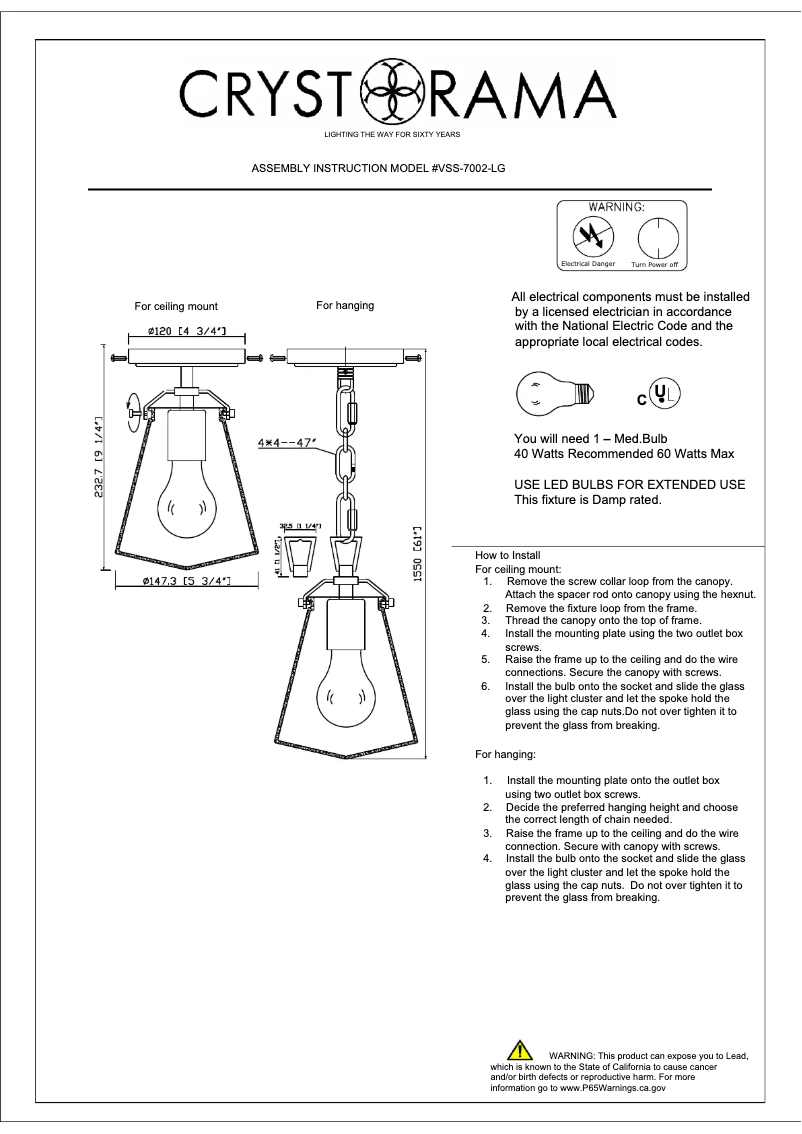Page 1 de la notice Manuel utilisateur Crystorama Voss VSS-7002-LG