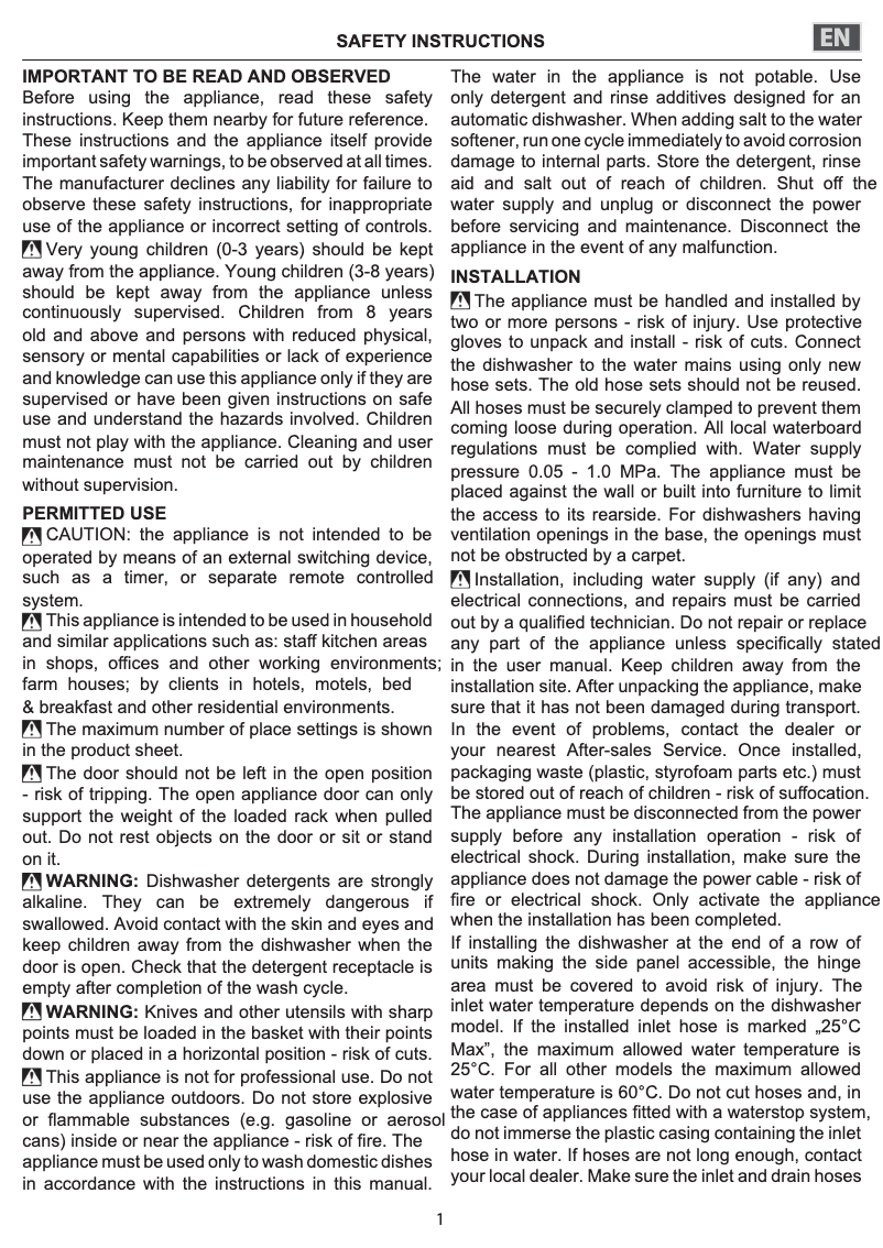 Page n°1 - Instructions de sécurité Hotpoint H0I D534A S