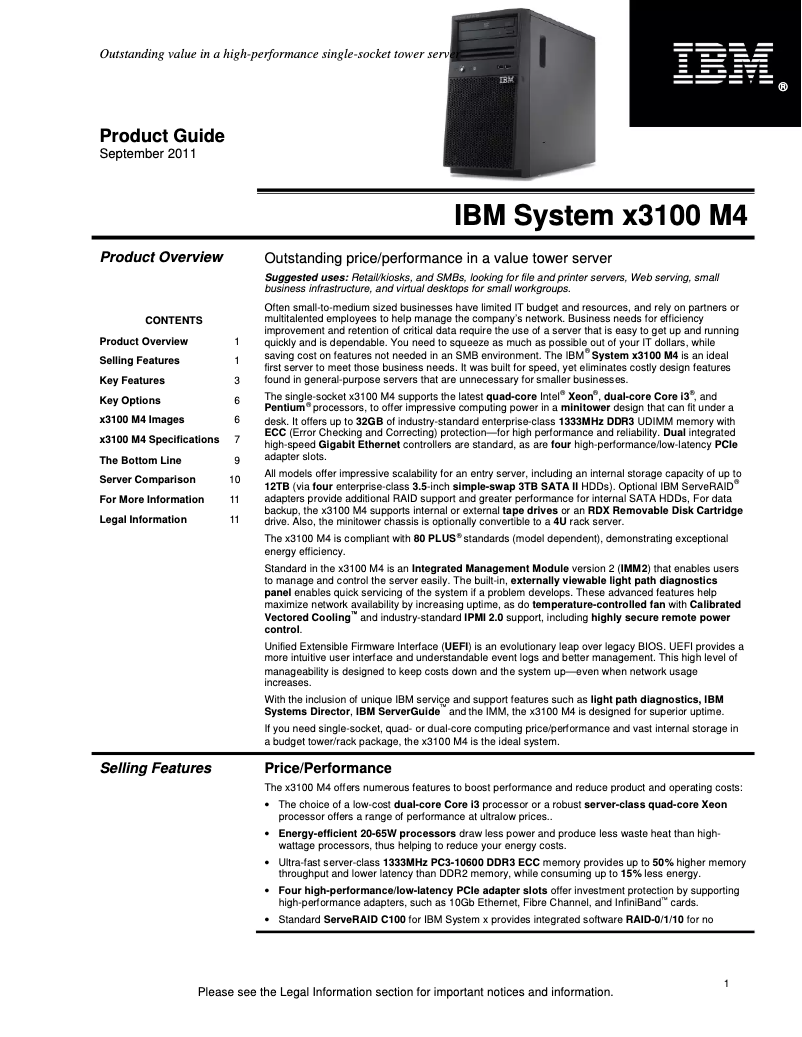 Page n°1 - Manuel utilisateur IBM System x 3100 M4