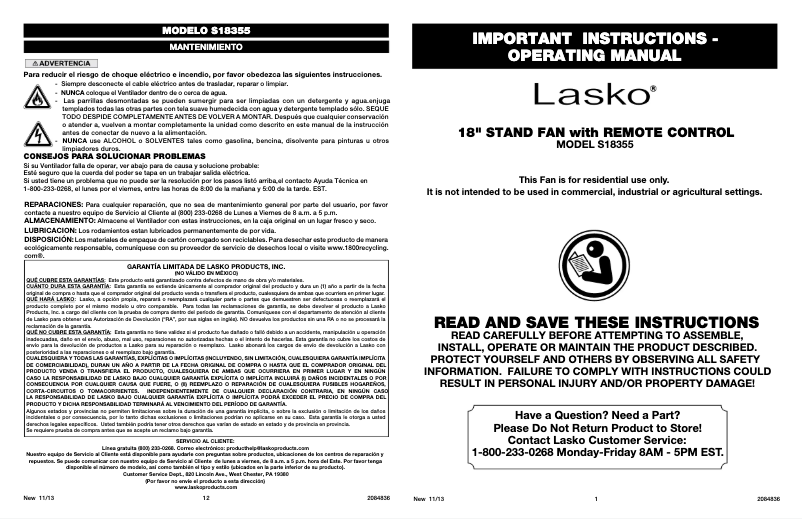 Page 1 de la notice Manuel utilisateur Lasko S18355