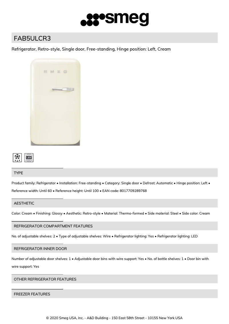 Page 1 de la notice Fiche technique Smeg FAB5ULCR3