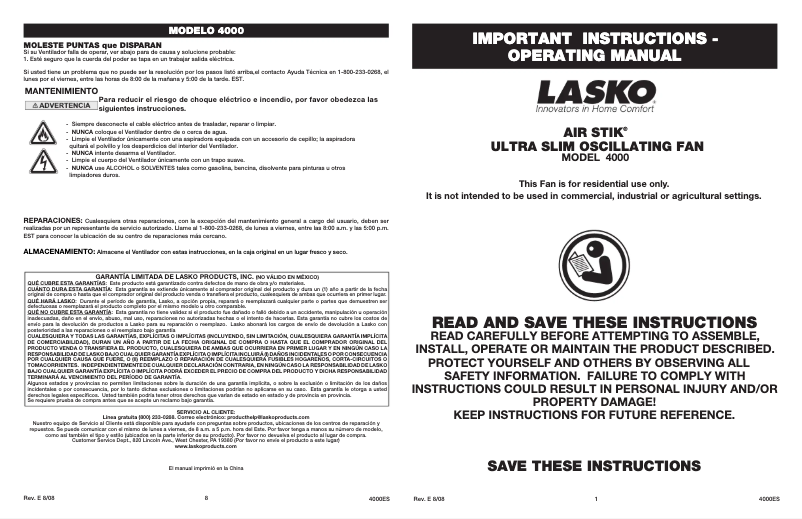 Página 1 del manual Manual de usuario Lasko Air Stik 4000