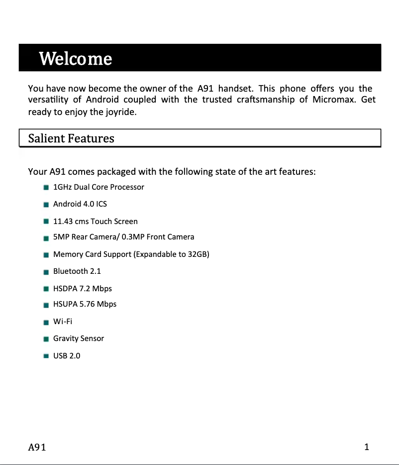 Page 1 de la notice Manuel utilisateur Micromax Ninja A91