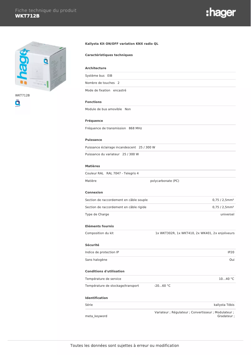 Page n°1 - Fiche technique Hager WKT712B
