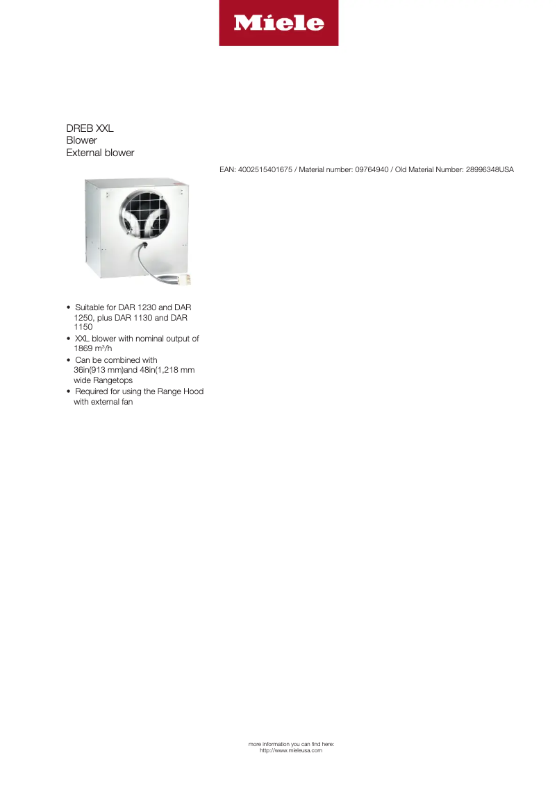 Page 1 de la notice Fiche technique Miele DREB XXL