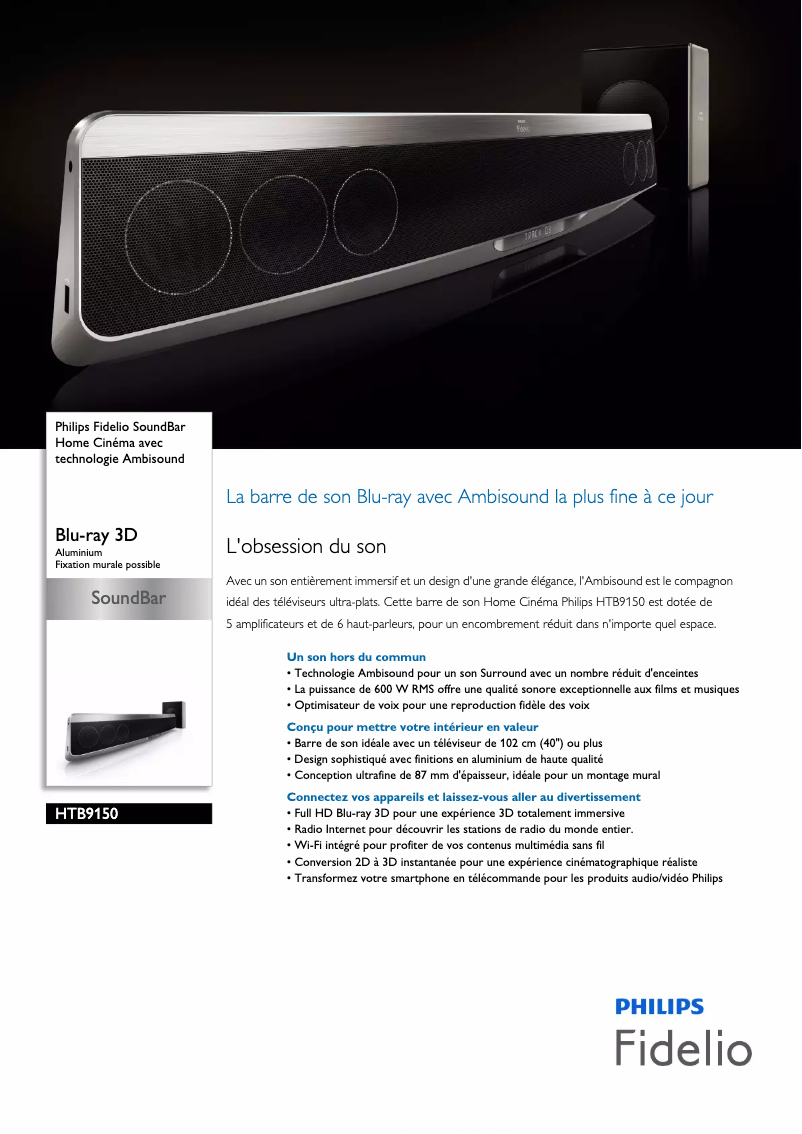 Page 1 de la notice Fiche technique Philips Fidelio SoundBar HTB9150