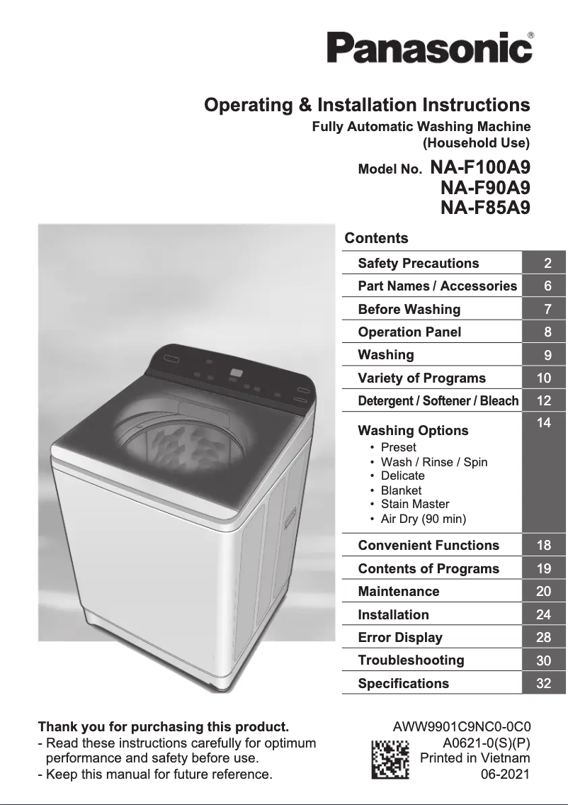 Page 1 de la notice Manuel utilisateur Panasonic NA-F85A9