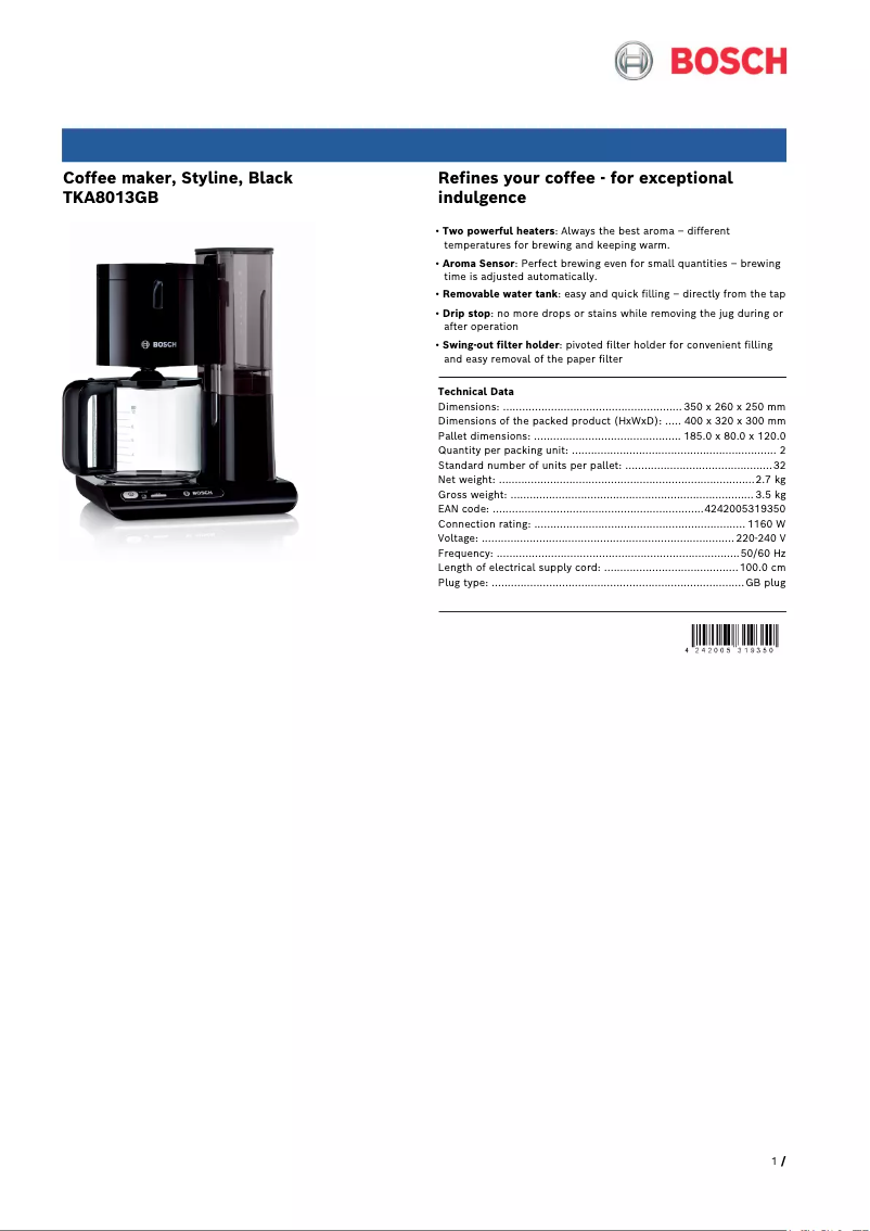 Page 1 de la notice Fiche technique Bosch TKA8013GB