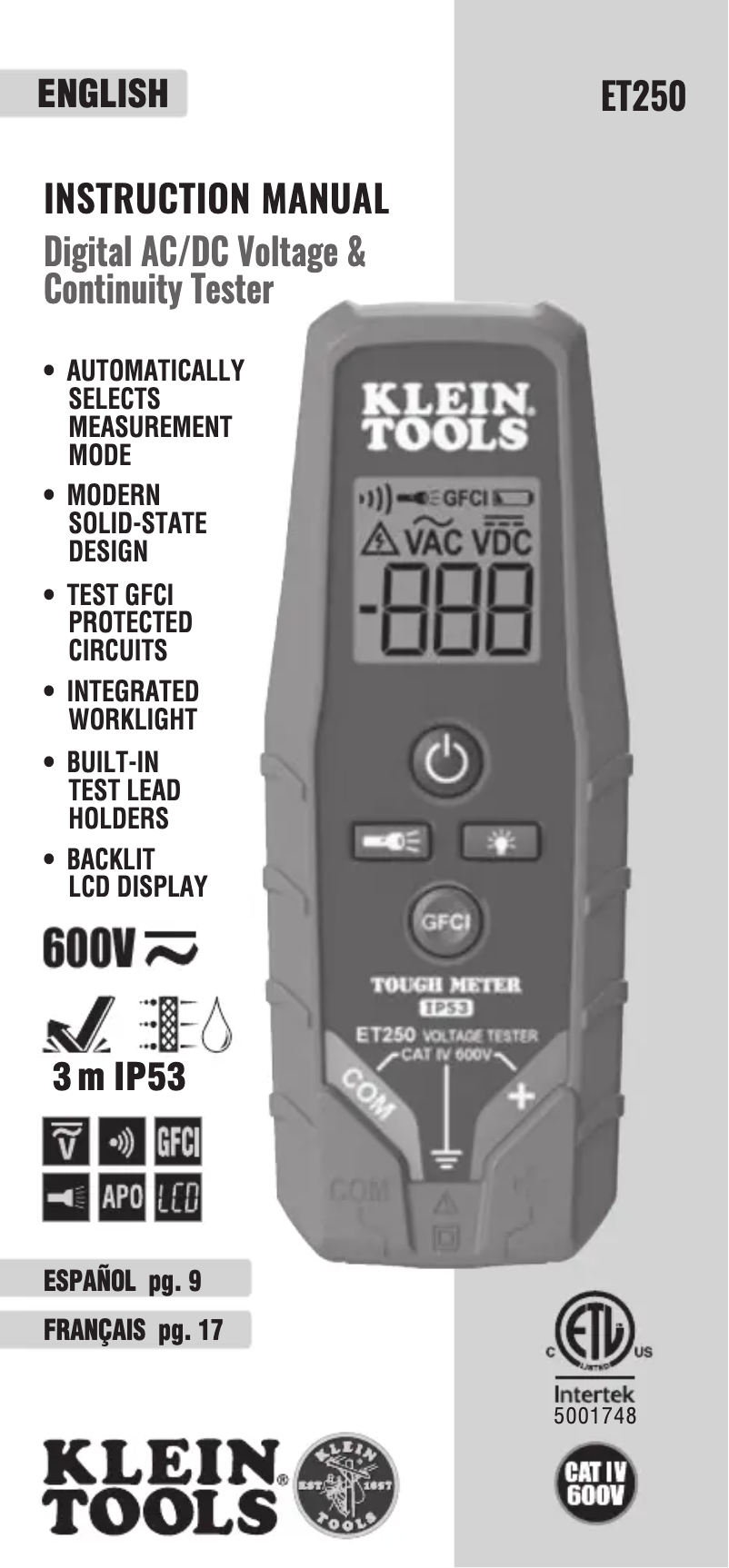 Page n°1 - Guide d'installation Klein Tools ET250