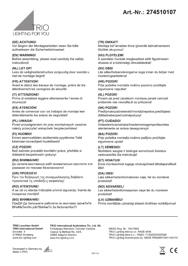 Page n°1 - Manuel utilisateur Trio Lighting Subara 274510107