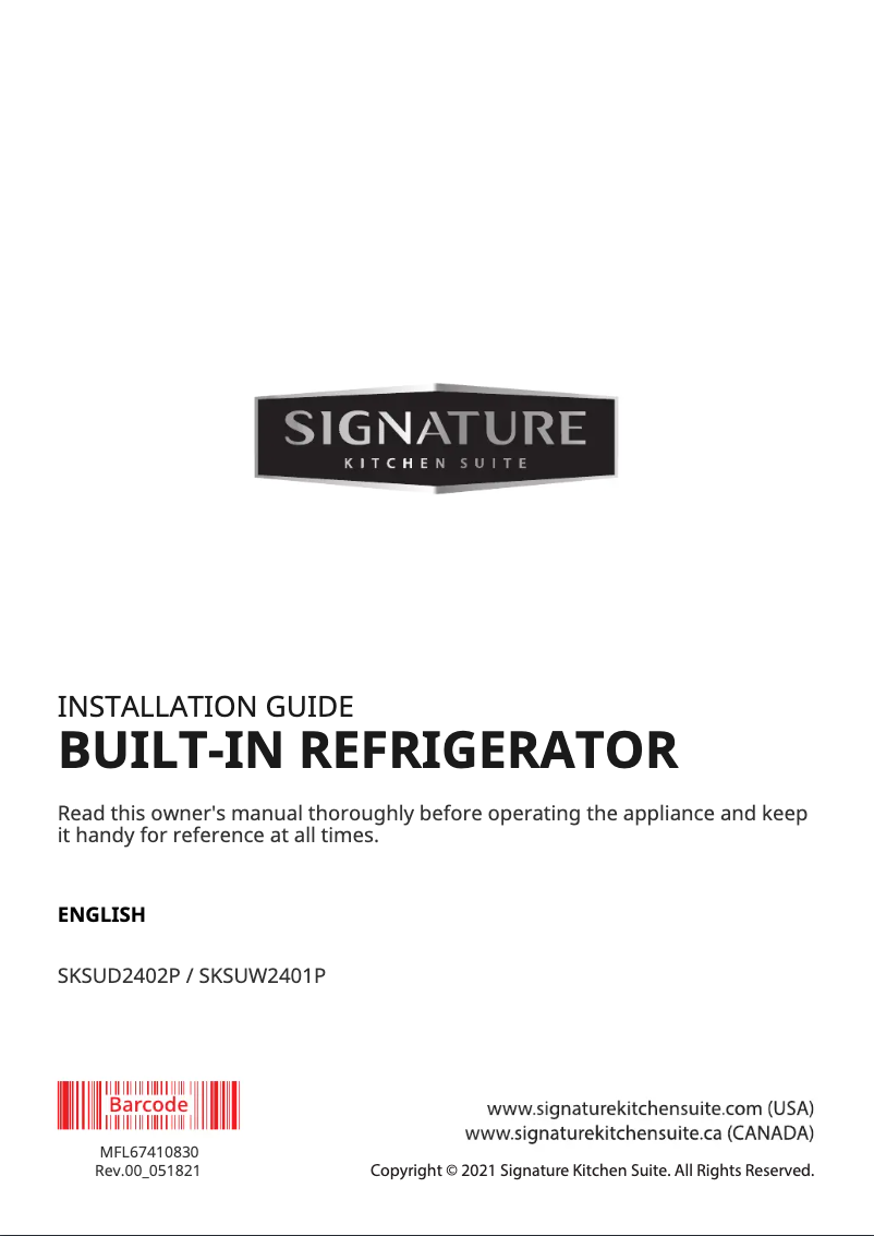 Page 1 de la notice Guide d'installation Signature SKSUW2401P