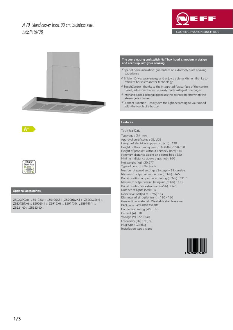 Page 1 de la notice Fiche technique Neff I96BMP5N0B