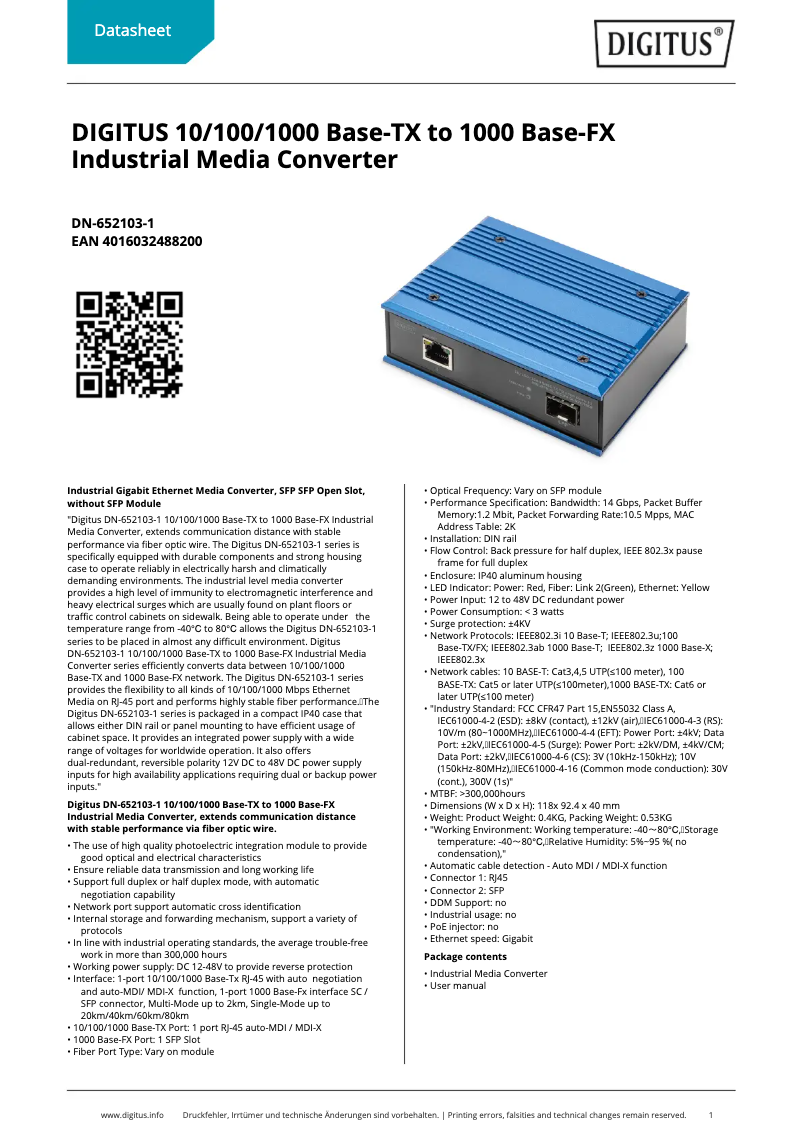 Page 1 de la notice Fiche technique Digitus DN-652103-1