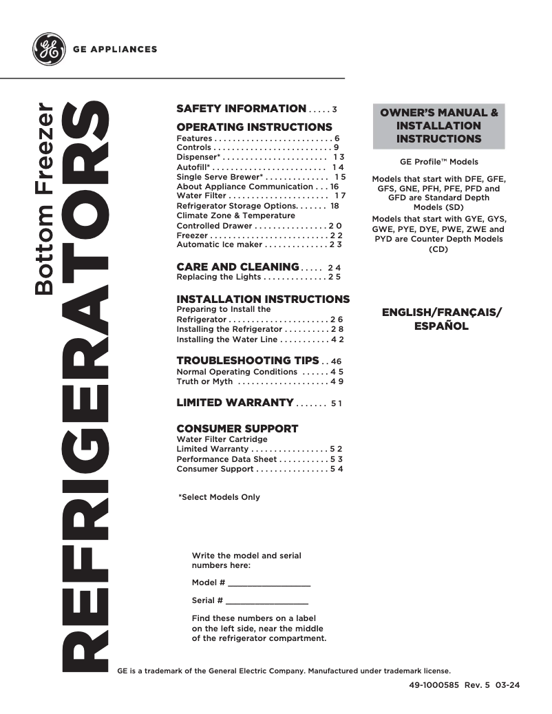 Image de la première page du manuel de l'appareil Profile PYD22KBLTS