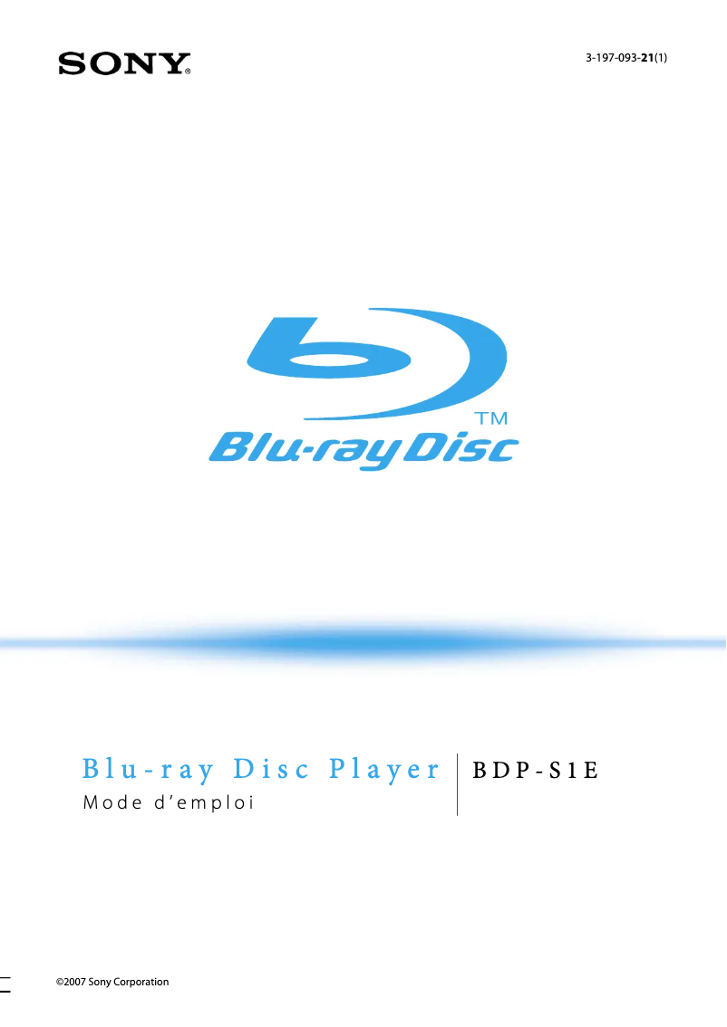 Page 1 de la notice Manuel utilisateur Sony BDP-S1E