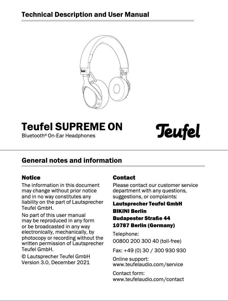 Page 1 de la notice Manuel utilisateur Teufel Supreme On