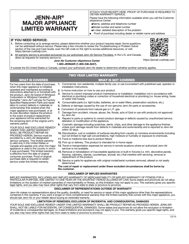 Page n°1 - Informations de garantie JennAir JIS1450DP