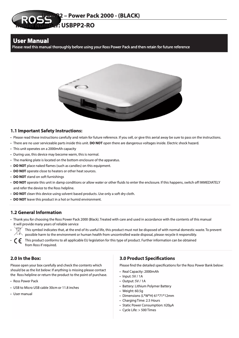 Page 1 de la notice Manuel utilisateur Ross USBPP2