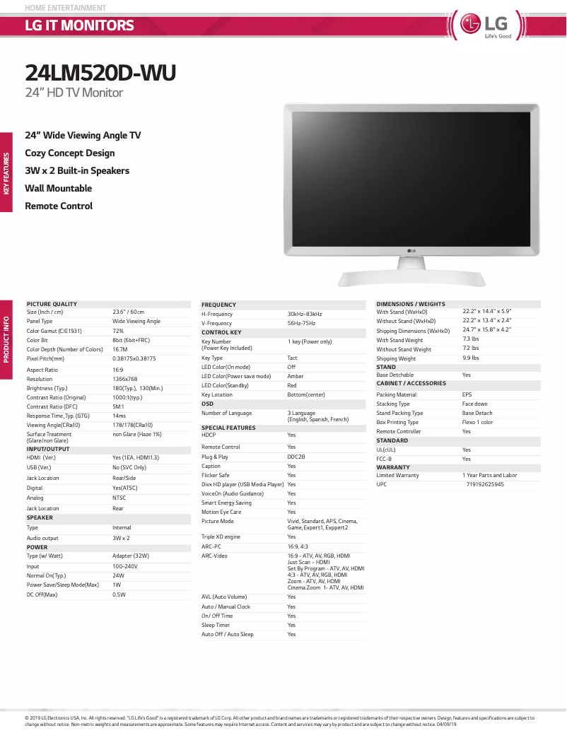 Page 1 de la notice Manuel utilisateur LG LM520D-WU