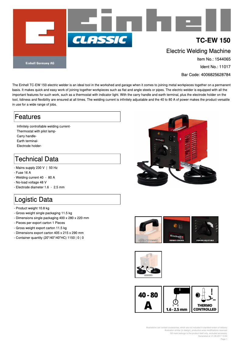 Page 1 de la notice Fiche technique Einhell TC-EW 150