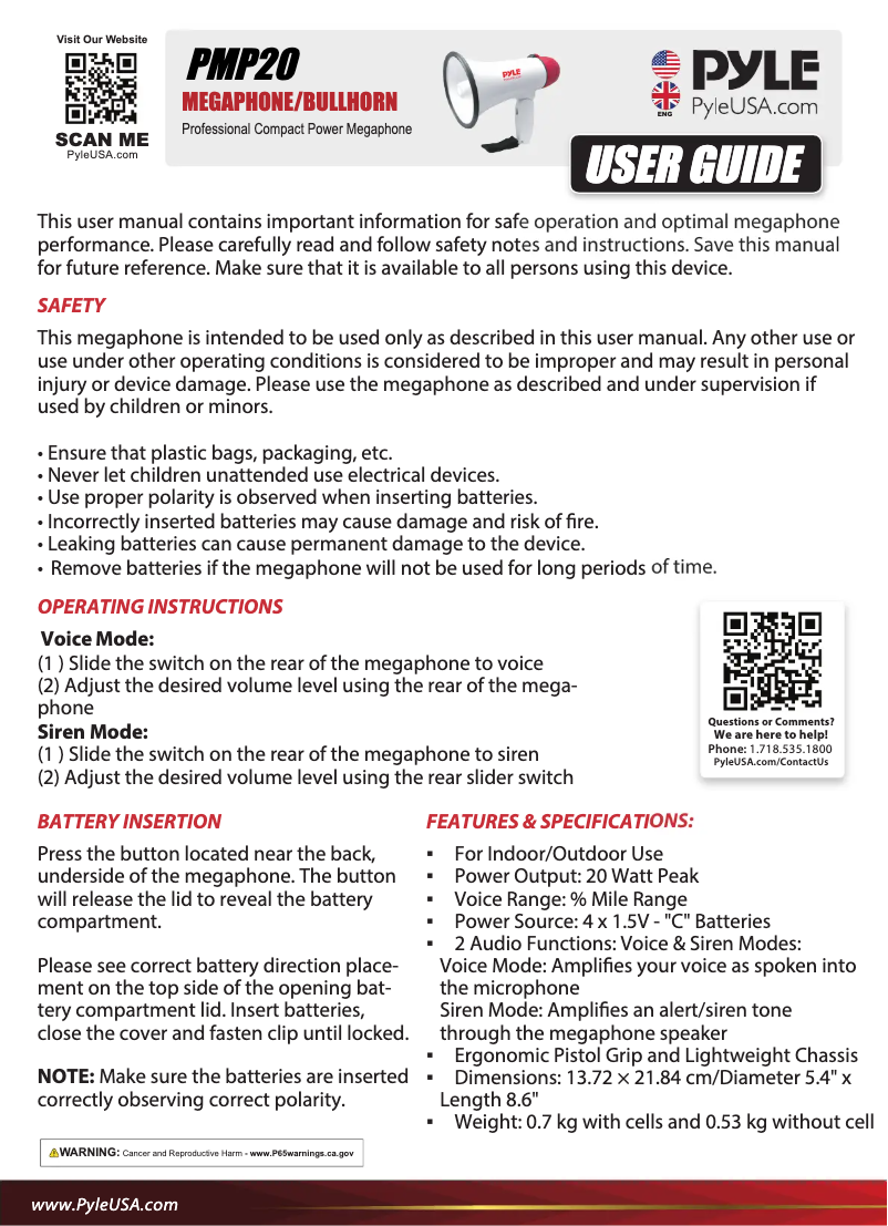 Page 1 de la notice Manuel utilisateur Pyle PMP20