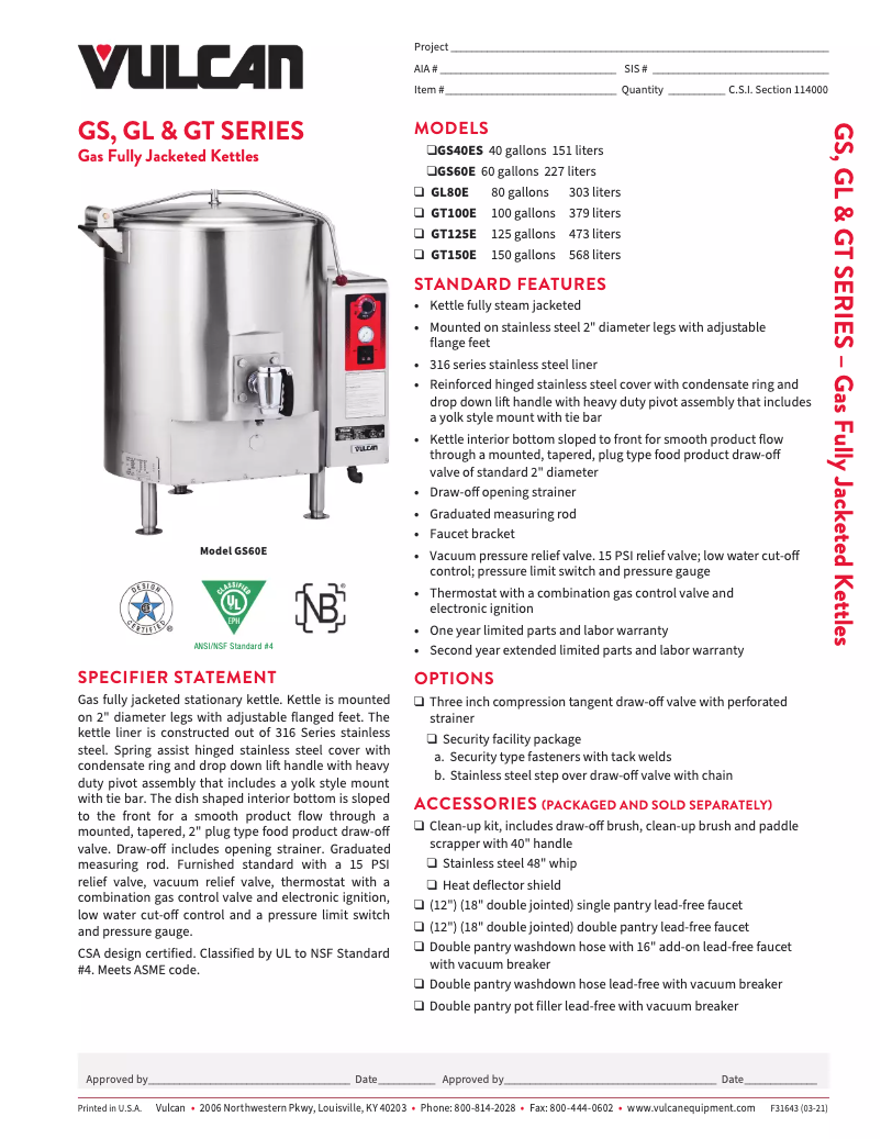 Page 1 de la notice Fiche technique Vulcan GT150E