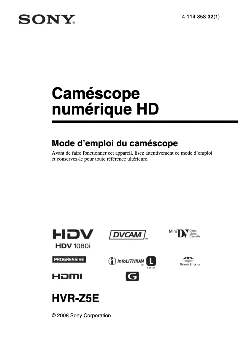 Page 1 de la notice Manuel utilisateur Sony HVR-Z5E