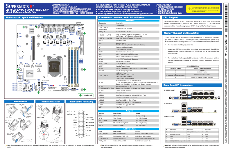 Page n°1 - Guide de démarrage rapide Supermicro X11SCL-LN4F