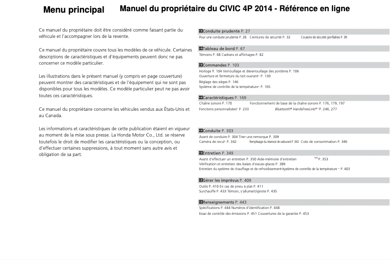 Image de la première page du manuel de l'appareil Civic (2014)