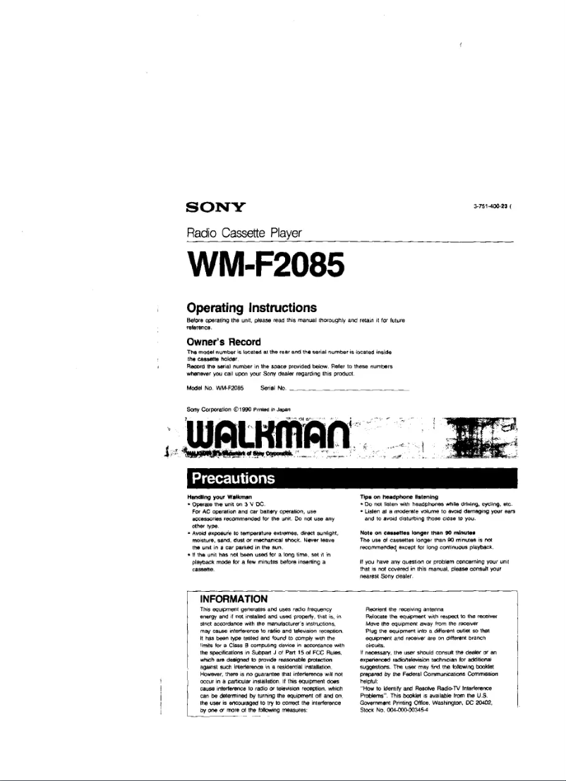 Image de la première page du manuel de l'appareil Walkman WM-F2085