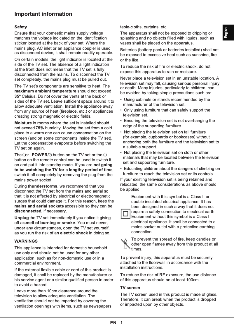 Page 1 de la notice Manuel utilisateur TCL 40ES561