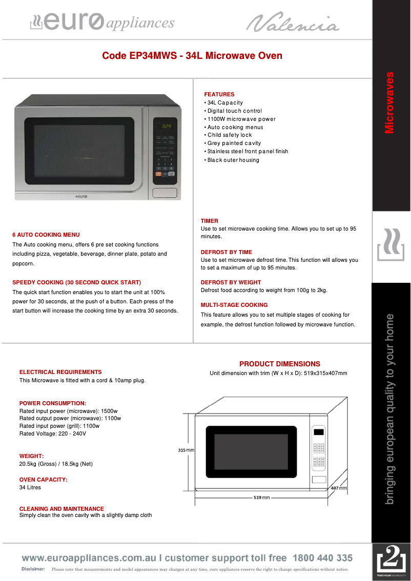 Page n°1 - Fiche technique Euro Appliances EP34MWS