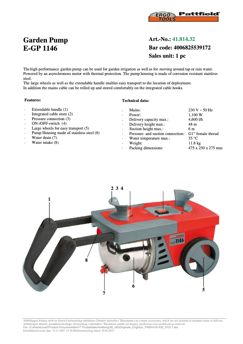 Page 1 de la notice Manuel utilisateur Ergotools Pattfield E-GP 1146