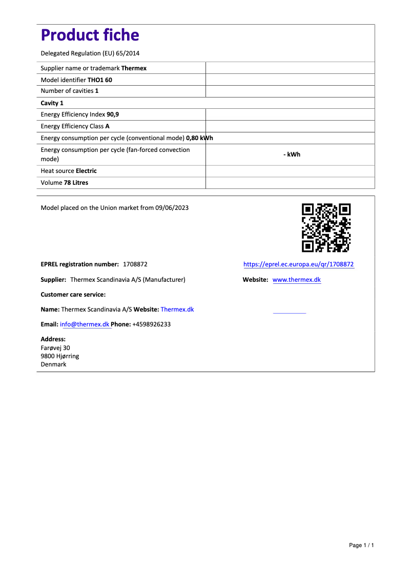 Page 1 de la notice Fiche technique Thermex THO1 60