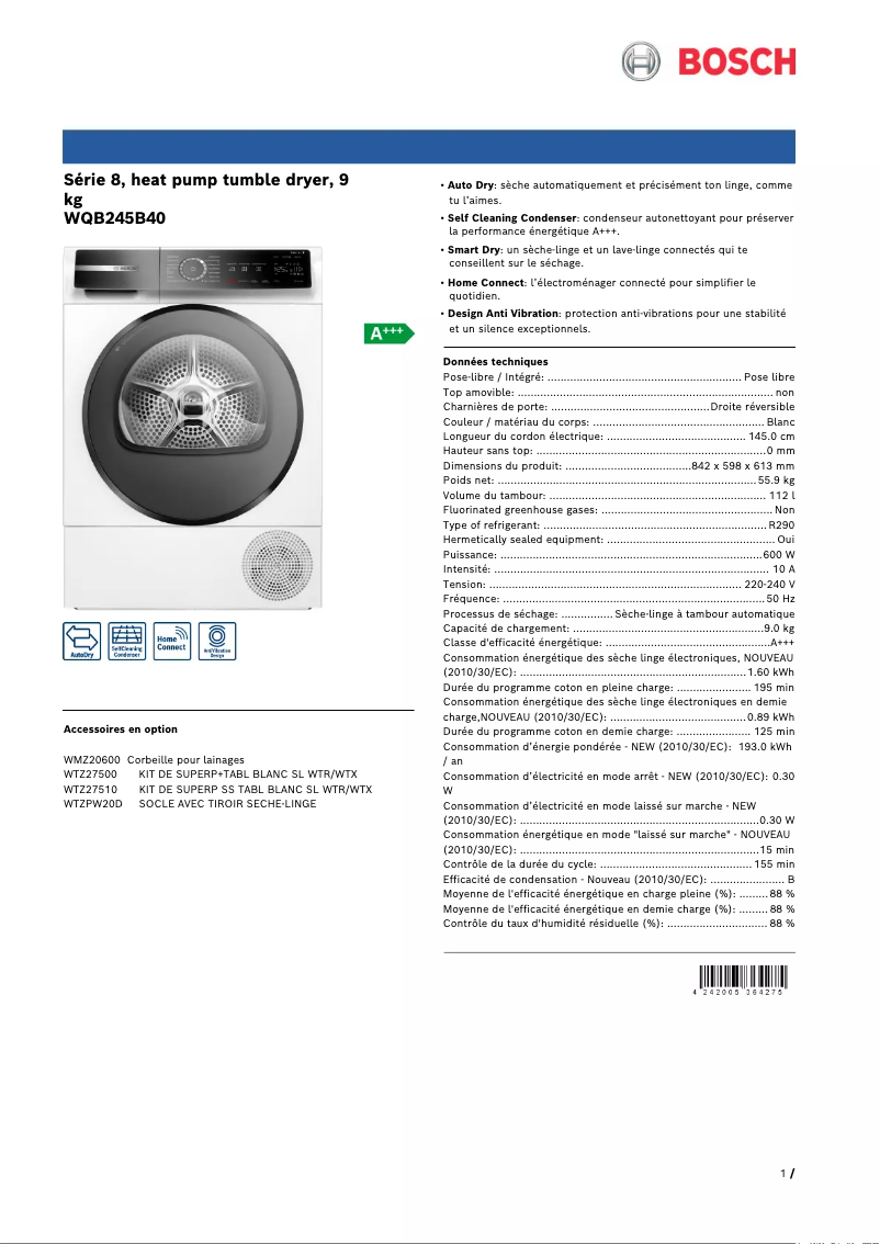 Página 1 del manual Ficha técnica Bosch WQB245B40