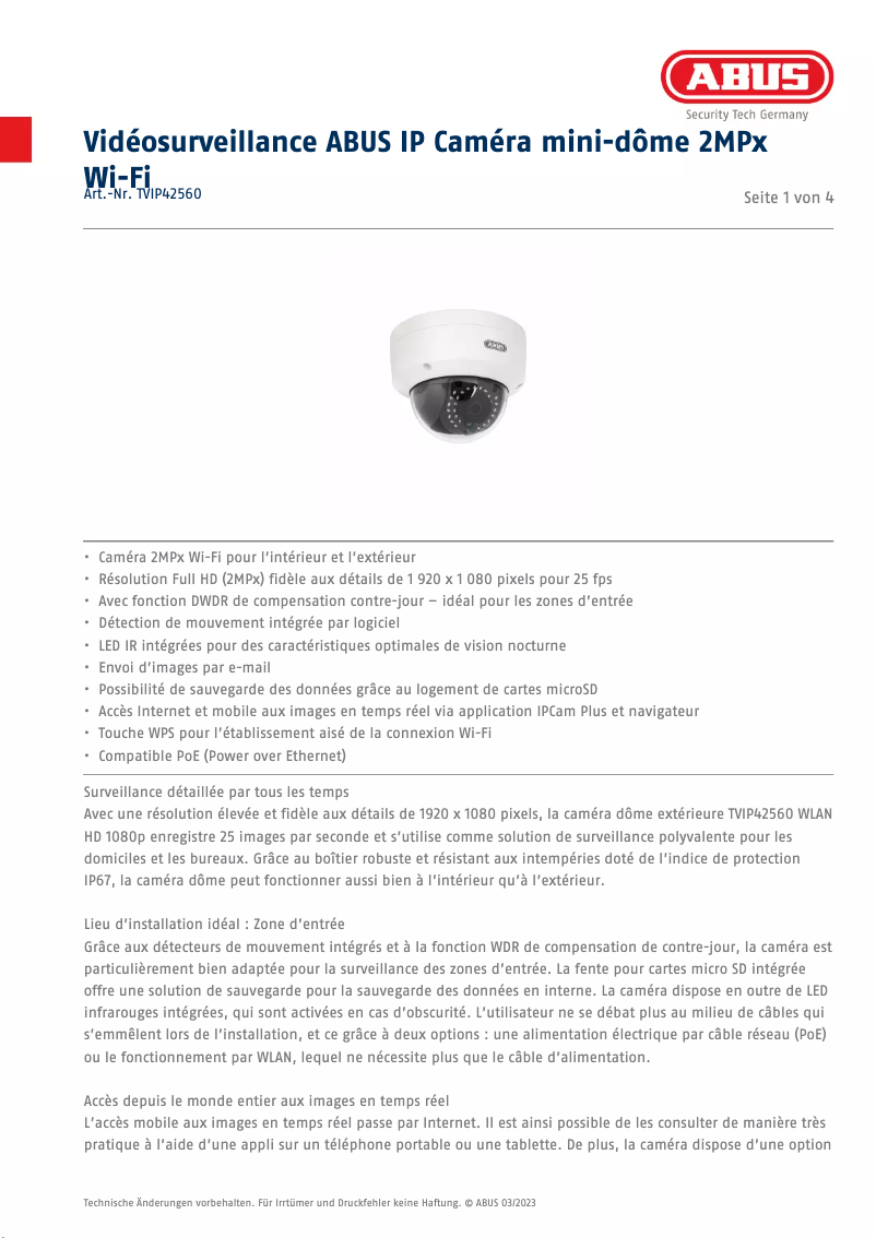 Página 1 del manual Ficha técnica Abus TVIP42560