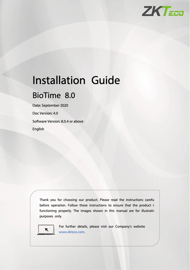 Image de la première page du manuel de l'appareil BioTime 8.0