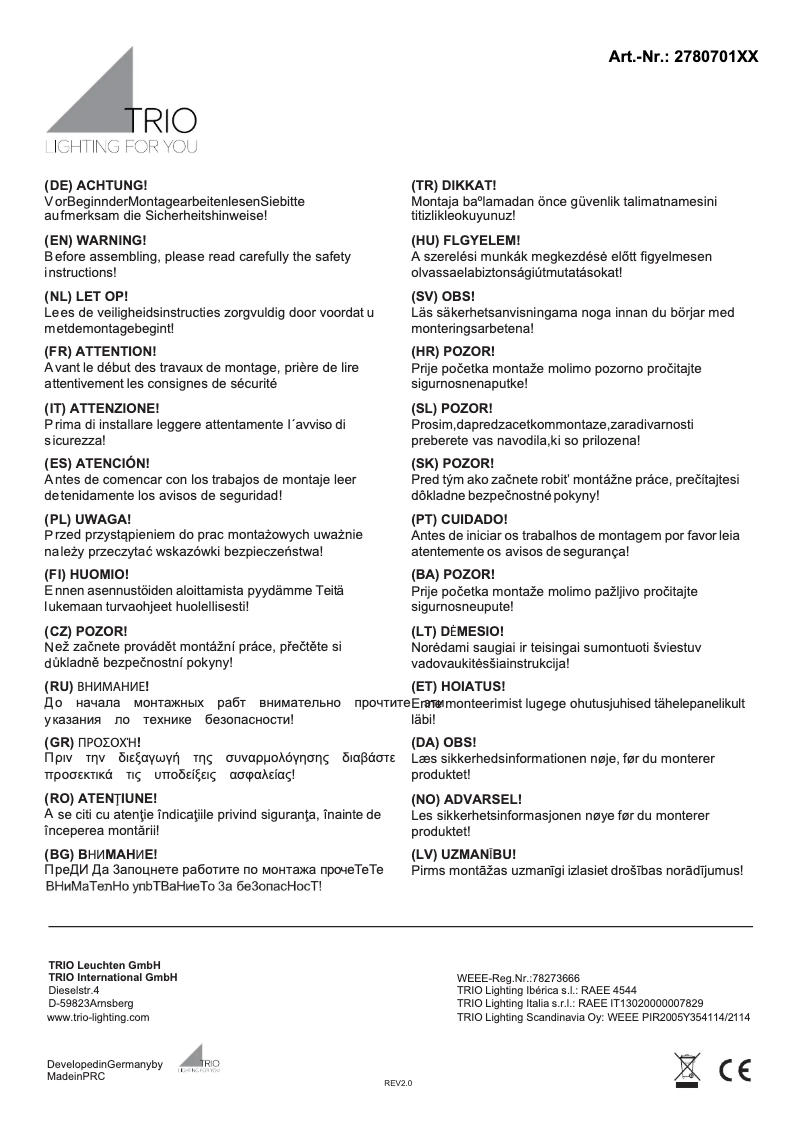 Page n°1 - Manuel utilisateur Trio Lighting Agento 278070107