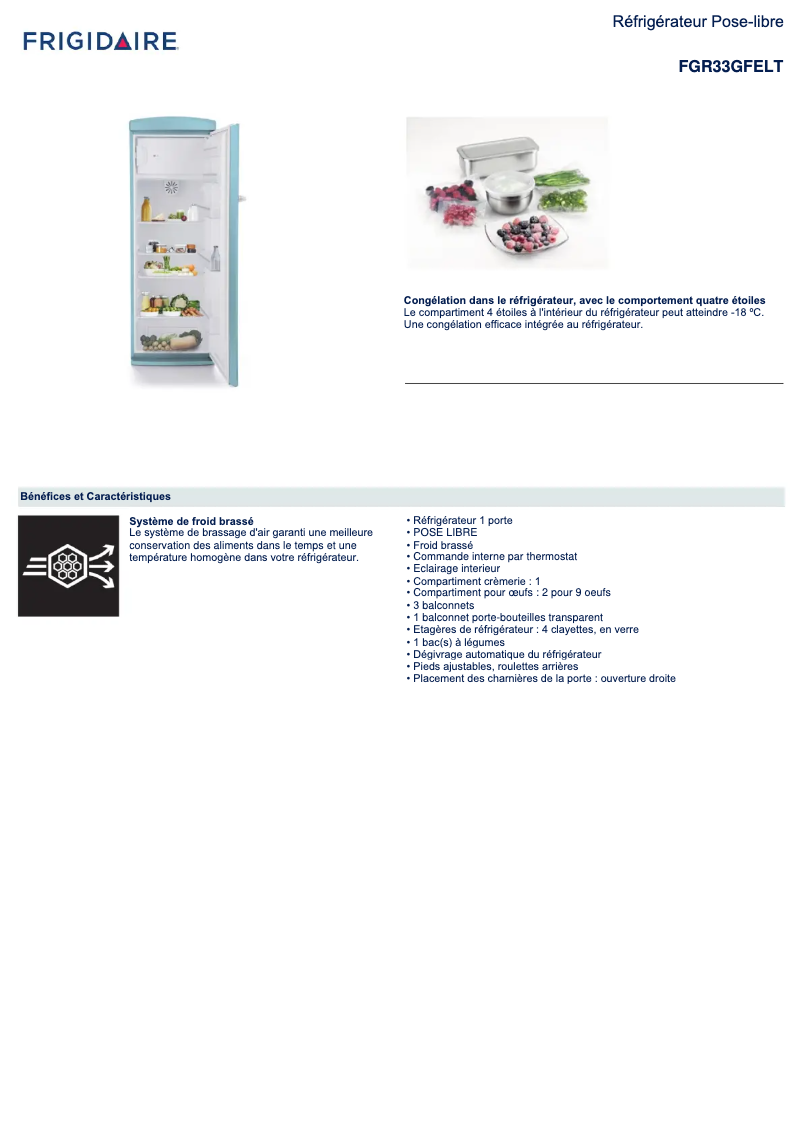 Page 1 de la notice Fiche technique Electrolux FGR33GFELT