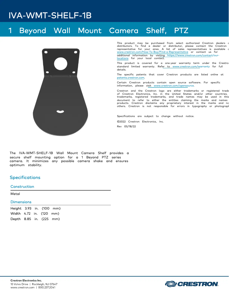 Página 1 del manual Ficha técnica Crestron IVA-WMT-SHELF-1B